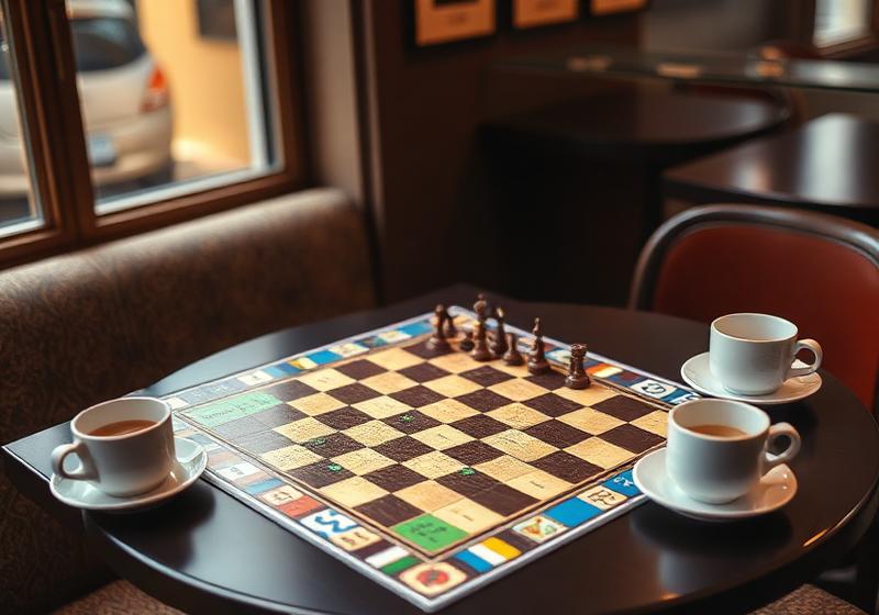 Chess and board games on a cafe table