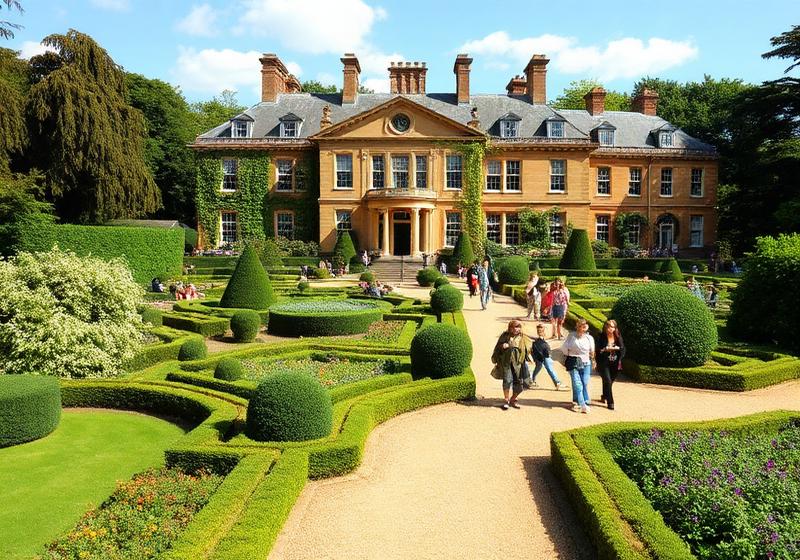 Country house with formal gardens and visitors on gravel paths