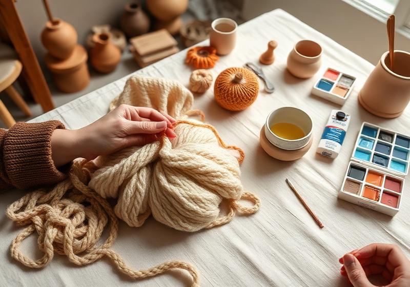 Hands crocheting with pottery and paints on a table