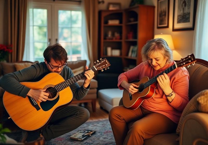 Acoustic guitar and ukulele being played at home