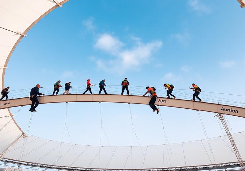 Climbers on the fabric walkway above the O2 arena roof in London