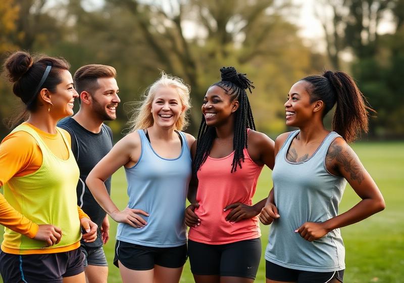 Group of adults laughing after a run in a park