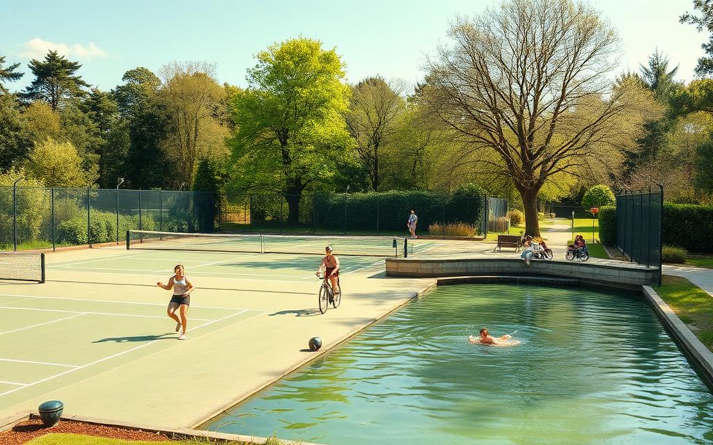 Park tennis courts, canal cycle path and an outdoor lido