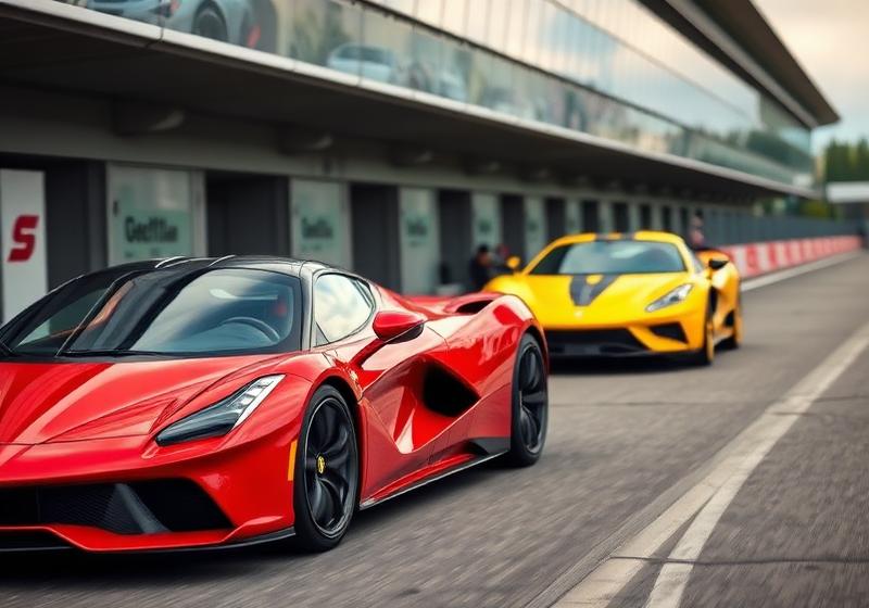 Red and yellow supercars in a circuit pit lane